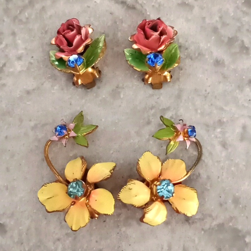 Vintage Austrian Crystal & painted Clippon earrings, 2 Pairs. Nice.
